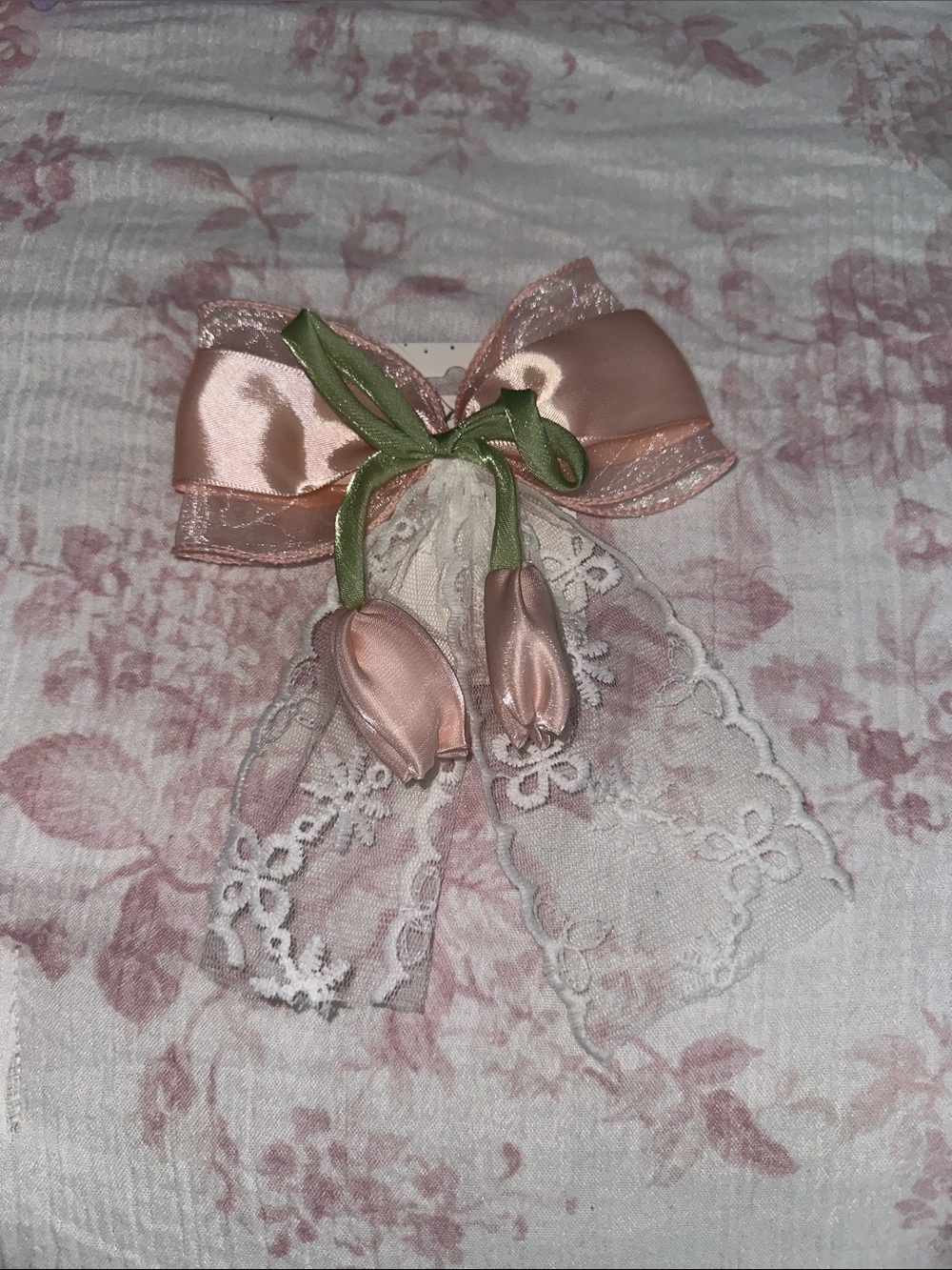 Blush Pink Satin Tulip Bow Hair Clip with Lace and Green Stem Detail